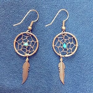 VTG Dreamcatcher Earrings Silvertone Turquoise Feather Southwestern Boho 90s